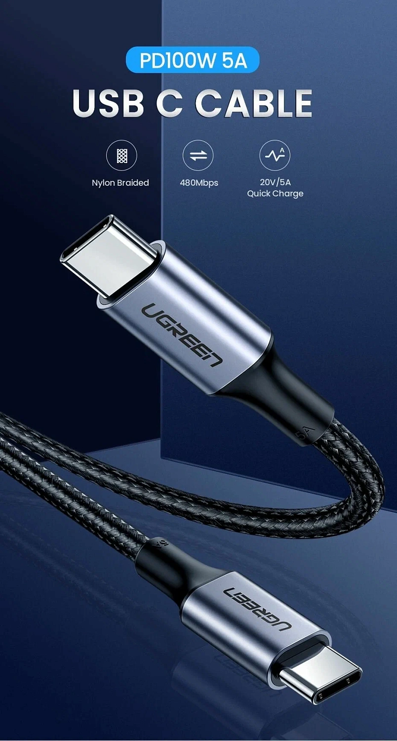 90120 Кабель UGREEN US316 Type-C - Type-C, 5A, 100W, оплетка, цвет: черный, 3M